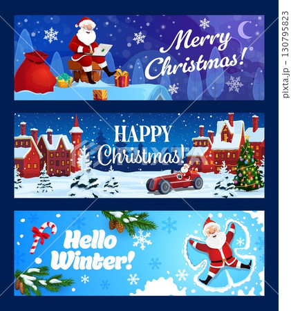 Merry Christmas holiday banners, Santa in winter town on chimney with gifts, cartoon vector. Christmas and New Year winter holiday banners with Santa carrying gifts in retro car or sitting on roof 130795823