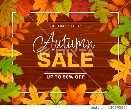 Autumn sale banner with fall leaves on wooden background. Vector promo poster, cartoon coupon, special price offer for store, mall and market shopping, promotional card or voucher with fallen leaves Autumn sale banner with fall leaves on wooden background. Vector promo poster, cartoon coupon, special price offer for store, mall and market shopping, promotional card or voucher with fallen leaves 130795892