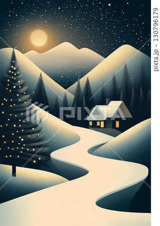 Snowy landscape with a cabin and illuminated tree under a starry night sky 130796179