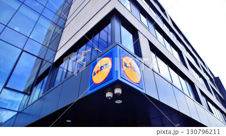 Szczecin, Poland. 16 July 2025. Urban landscape. Neon sign with the inscription: Lidl. 130796211