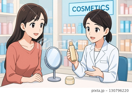 薬局で化粧品カウンセリングを受ける女性のイラスト 薬局で化粧品カウンセリングを受ける女性のイラスト 130796220