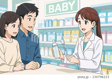 薬局でベビー用品を説明する薬剤師と夫婦 130796223
