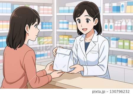 薬局で薬を受け取る女性と薬剤師のイラスト 130796232