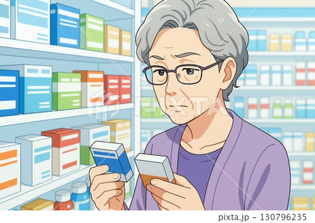 薬局で薬を選ぶ高齢女性のイラスト 130796235