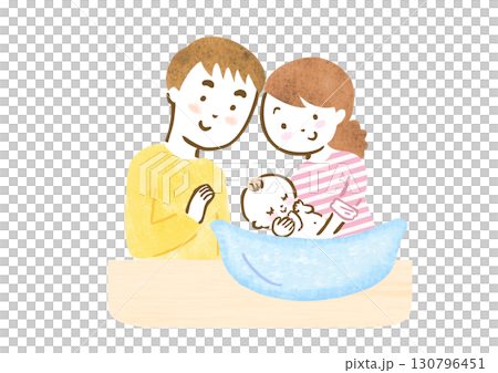 手繪插圖:一對夫婦正在幫嬰兒洗澡 手繪插圖:一對夫婦正在幫嬰兒洗澡 130796451