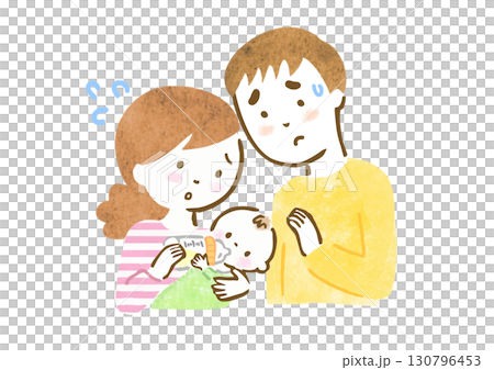 A hand-drawn illustration of a couple who are frustrated because they are having trouble breastfeeding their baby 130796453