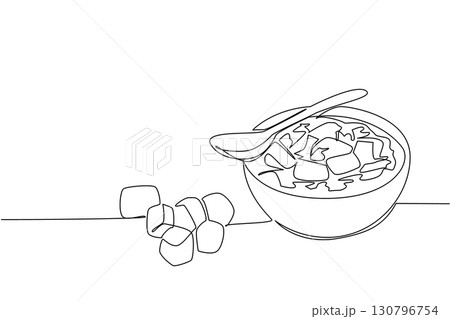 Single continuous line drawing soup with croutons in a bowl with croutons scattered around. Perfect combination. More delicious. Cuisine. National Crouton Day. One line design vector illustration 130796754