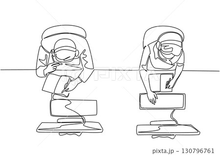 Single continuous line drawing male and female customer support person wearing headphones while taking notes. Manual recording. International Customer Support Day. One line design vector illustration 130796761