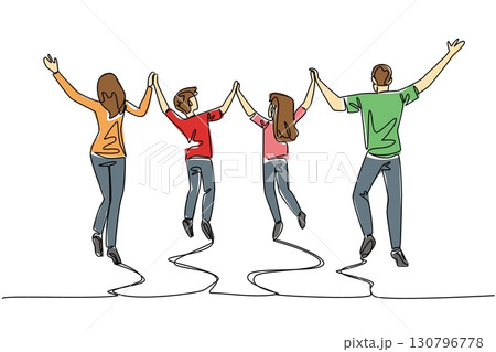 Single continuous line drawing back view, happy family jumps while lifting and holding hands. Exercise with the beloved family. Health. International Family Day. One line design vector illustration 130796778