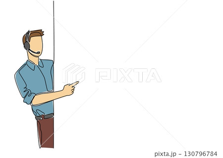 Continuous one line drawing male customer support wearing headphones with mic appears from behind the wall. Busy day. International Customer Support Day. Single line draw design vector illustration Continuous one line drawing male customer support wearing headphones with mic appears from behind the wall. Busy day. International Customer Support Day. Single line draw design vector illustration 130796784