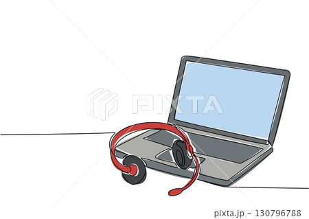 Single one line drawing headphones with mic on top of an open laptop. Break time on a very busy day. Current technology. International Customer Support Day. Continuous line design graphic illustration Single one line drawing headphones with mic on top of an open laptop. Break time on a very busy day. Current technology. International Customer Support Day. Continuous line design graphic illustration 130796788