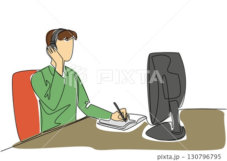Single one line drawing young male customer support holding headphones and one hand is writing in a book. Best service. International Customer Support Day. Continuous line design graphic illustration 130796795