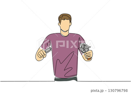 Single continuous line drawing a man in casual clothes holds and breaks revolver handgun with both hands. Rude rejection. International Conscientious Objectors Day. One line design vector illustration Single continuous line drawing a man in casual clothes holds and breaks revolver handgun with both hands. Rude rejection. International Conscientious Objectors Day. One line design vector illustration 130796798
