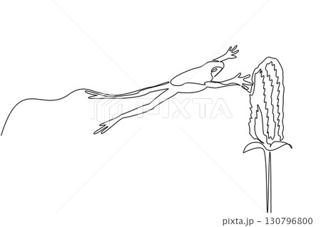 Single continuous line drawing frog jumps to rose flower. Jumping from place to place to look for food. Adaptation to new environment. National Frog Jumping Day. One line design vector illustration Single continuous line drawing frog jumps to rose flower. Jumping from place to place to look for food. Adaptation to new environment. National Frog Jumping Day. One line design vector illustration 130796800