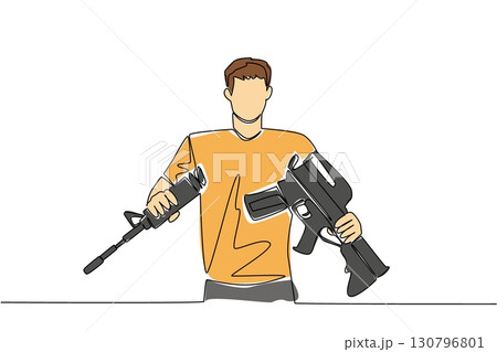 Continuous one line drawing a man in casual clothes holds and breaks a rifle with both hands. Momentum of peace. International Conscientious Objectors Day. Single line draw design vector illustration Continuous one line drawing a man in casual clothes holds and breaks a rifle with both hands. Momentum of peace. International Conscientious Objectors Day. Single line draw design vector illustration 130796801