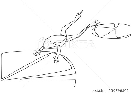Continuous one line drawing frogs jump from one lotus leaf to another. Looking for mosquitoes. Swimming. Lowers body temperature. National Frog Jumping Day. Single line draw design vector illustration 130796803