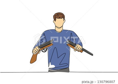 Single continuous line drawing a man in casual clothes holds and breaks a shotgun with both hands. Refuse to participate. International Conscientious Objectors Day. One line design vector illustration 130796807