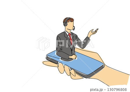 Single one line drawing hand hold smartphone with male customer support coming out of the screen. Online explanation. International Customer Support Day. Continuous line design graphic illustration 130796808