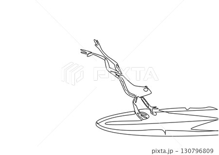 Single continuous line drawing the frog jumped and landed on the lotus leaf. Staking out prey to eat. Daily hunting activities. The toad. National Frog Jumping Day. One line design vector illustration Single continuous line drawing the frog jumped and landed on the lotus leaf. Staking out prey to eat. Daily hunting activities. The toad. National Frog Jumping Day. One line design vector illustration 130796809