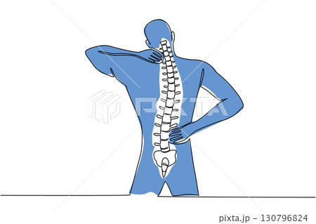 Single continuous line drawing a man holding the waist and neck. Xray appearance. Avoid serious injury. Check with an expert. Spinal Cord Injury Awareness Day. One line design vector illustration 130796824