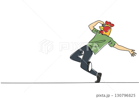 Single continuous line drawing a man wearing a tshirt wearing a chicken head mask poses dancing. Celebrating happiness with freedom. Dance Like a Chicken Day. One line design vector illustration 130796825