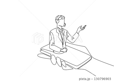 Single one line drawing hand hold smartphone with male customer support coming out of the screen. Online explanation. International Customer Support Day. Continuous line design graphic illustration Single one line drawing hand hold smartphone with male customer support coming out of the screen. Online explanation. International Customer Support Day. Continuous line design graphic illustration 130796903