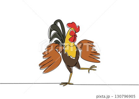 Single continuous line drawing rooster dancing pose. Moving the feet agilely. Following the rhythm of the music. Unique character. Comb. Dance Like a Chicken Day. One line design vector illustration 130796905