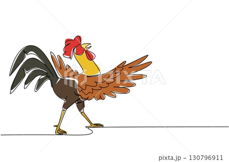 Continuous one line drawing rooster dancing pose. Swinging freely here and there. Free the feet to follow the rhythm. The cock. Dance Like a Chicken Day. Single line draw design vector illustration Continuous one line drawing rooster dancing pose. Swinging freely here and there. Free the feet to follow the rhythm. The cock. Dance Like a Chicken Day. Single line draw design vector illustration 130796911