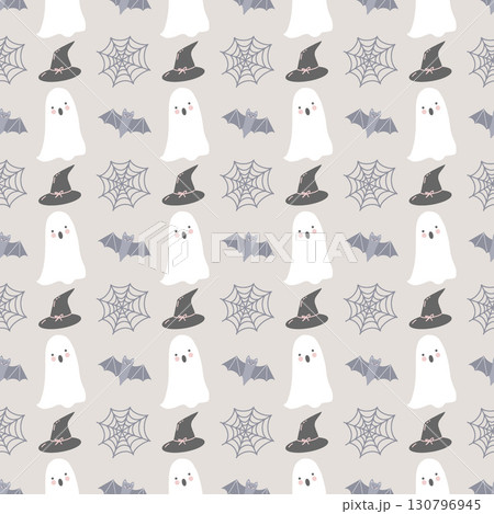 Halloween ghost pattern. Seamless autumn pattern with hand drawn cute ghosts on gray background. Funny ghosts, bats, spider web and hat. Cute childish background. Pastel colors. Vector illustration. Halloween ghost pattern. Seamless autumn pattern with hand drawn cute ghosts on gray background. Funny ghosts, bats, spider web and hat. Cute childish background. Pastel colors. Vector illustration. 130796945