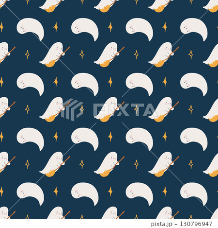 Halloween pattern with cute little ghosts on broomsticks and stars. Seamless autumn pattern with hand drawn funny ghosts on dark blue background. Cute cozy childrens background for Halloween. Pastel Halloween pattern with cute little ghosts on broomsticks and stars. Seamless autumn pattern with hand drawn funny ghosts on dark blue background. Cute cozy childrens background for Halloween. Pastel 130796947