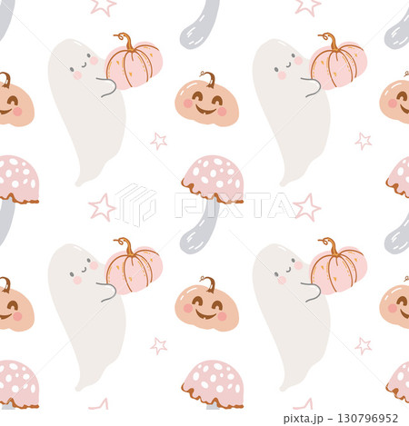 Halloween pattern with cute little ghosts and pumpkins. Seamless autumn background with hand drawn funny ghosts on white background. Funny ghosts, pumpkins, mushrooms, fly agarics and stars in pink 130796952
