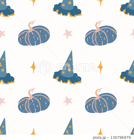 Seamless pattern with cute blue pumpkins, witch hats and yellow stars on white background. Mystical background. Magic attributes. Halloween pattern. Vector illustration. Seamless pattern with cute blue pumpkins, witch hats and yellow stars on white background. Mystical background. Magic attributes. Halloween pattern. Vector illustration. 130796979