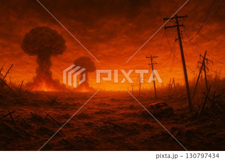 Apocalyptic landscape with nuclear explosions and desolate terrain under a fiery sky 130797434
