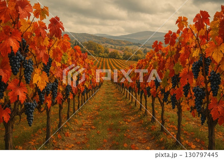 Vibrant vineyard landscape with autumn foliage and ripe grapes under a cloudy sky 130797445
