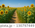 Sunflower field with vibrant blooms and a winding dirt path under a clear blue sky 130797449