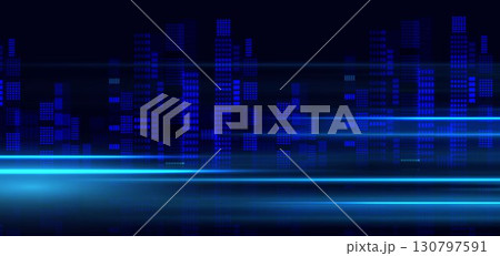 Nigth cityscape glowing blue panoramic on dark background. Futuristic cityscape with speed lines light. Nigth cityscape glowing blue panoramic on dark background. Futuristic cityscape with speed lines light. 130797591