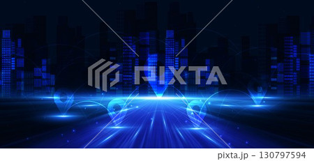 Futuristic smart city night skyscrapers on dark blue background. 130797594