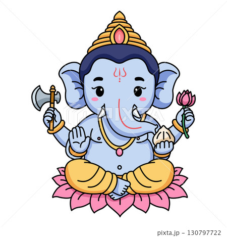 Cute Ganesha Illustration on Lotus Flower 130797722