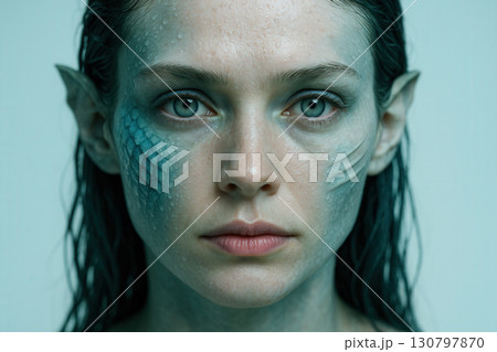 Aquatic Siren Portrait With Scales And Subtle Gills 130797870