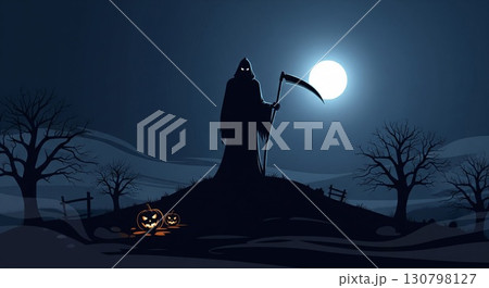 Pixelated Grim Reaper Silhouette Under Bright Moonlight on Hilltop Landscape 130798127