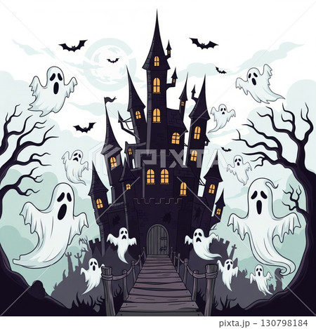 Creepy Spooky Black Castle with Ghosts Bats and Dead Trees on a Cloudy Halloween Night 130798184