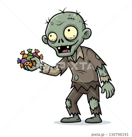Cartoonish Zombie Character Holding Colorful Candies Against a White Background Cartoonish Zombie Character Holding Colorful Candies Against a White Background 130798191