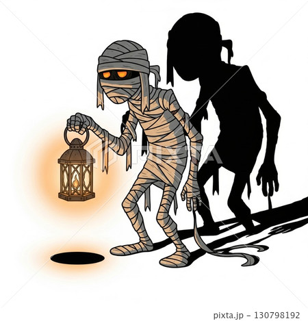 Cartoonish Mummy Figure Holding Lantern with Glowing Light and Large Shadow in White Background 130798192