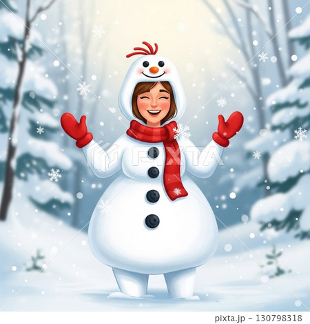 Cheerful Woman Dressed As Snowman Amidst Falling Snow In Winter Forest With Trees And White 130798318