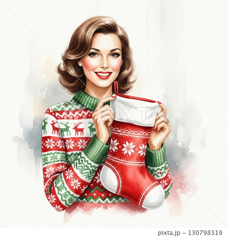 Watercolor Painting of Smiling Woman Holding Christmas Stocking Present 130798319