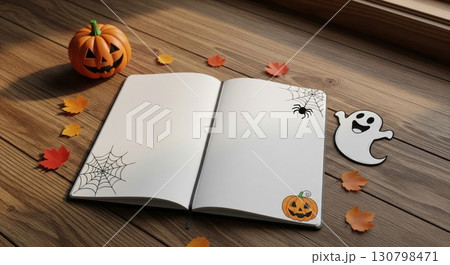 Halloween Themed Mockup with Notebook Pumpkin and Leaves on Wooden Table 130798471