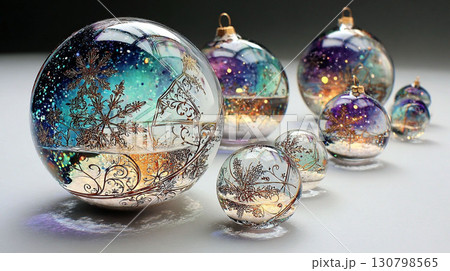 銀河と雪の風景が描かれた幻想的なクリスマスオーナメントイラスト 130798565