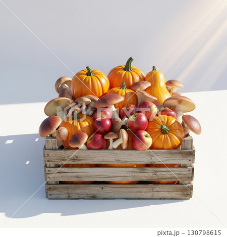 Abundant Autumn Harvest in Wooden Crate Featuring Pumpkins Apples and Mushrooms Abundant Autumn Harvest in Wooden Crate Featuring Pumpkins Apples and Mushrooms 130798615