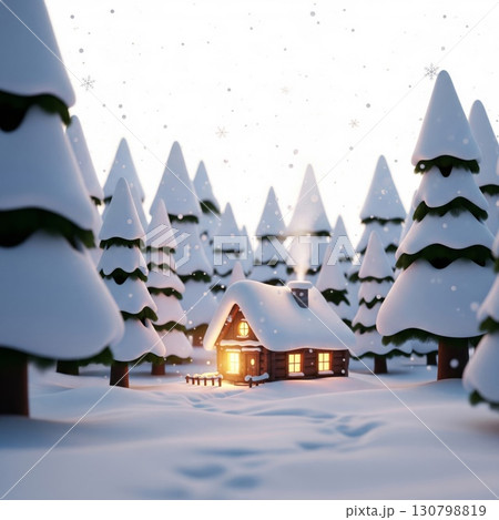 Winter Cabin Scene with Snow Covered Trees and...のイラスト素材 [130798819 ...