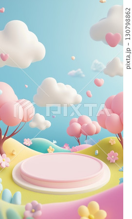 Colorful whimsical landscape with pink trees and fluffy clouds on a sunny day 130798862